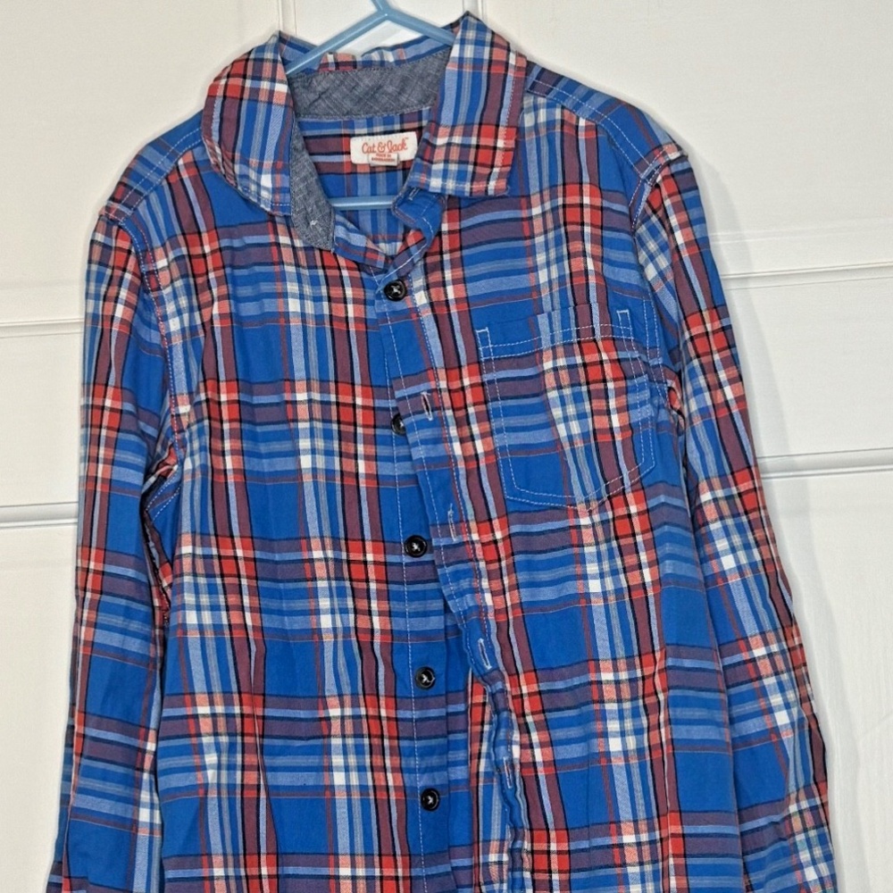 CAT & JACK - Boys Long Sleeve Shirt - Blue & Orange Plaid - Size M 8/10